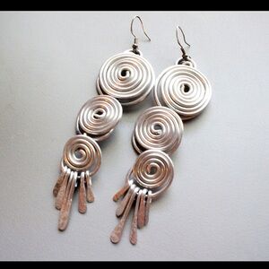 Tiered Long Spiral Tassel Earrings 3.5" Silver